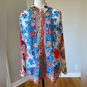 Soft Surroundings Floral Tabbed Sleeves Button Up Blouse Small office work wear